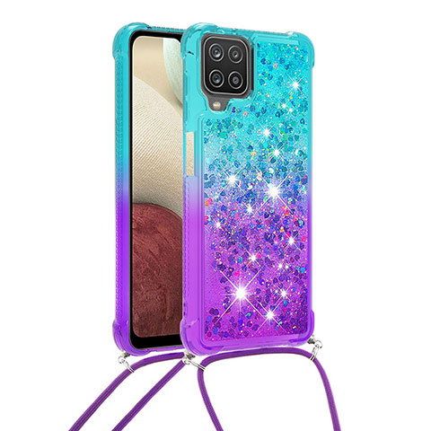 Coque Silicone Housse Etui Gel Bling-Bling avec Laniere Strap S01 pour Samsung Galaxy A12 5G Bleu Ciel