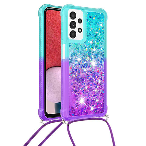 Coque Silicone Housse Etui Gel Bling-Bling avec Laniere Strap S01 pour Samsung Galaxy A13 4G Bleu Ciel