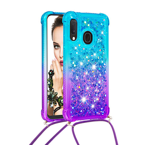 Coque Silicone Housse Etui Gel Bling-Bling avec Laniere Strap S01 pour Samsung Galaxy A20e Bleu Ciel