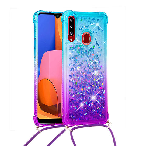 Coque Silicone Housse Etui Gel Bling-Bling avec Laniere Strap S01 pour Samsung Galaxy A20s Bleu Ciel