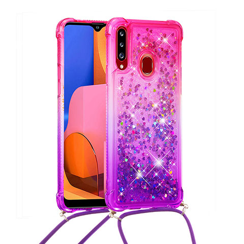 Coque Silicone Housse Etui Gel Bling-Bling avec Laniere Strap S01 pour Samsung Galaxy A20s Rose Rouge