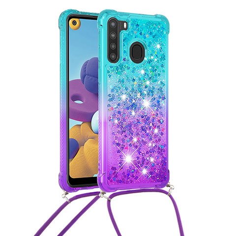 Coque Silicone Housse Etui Gel Bling-Bling avec Laniere Strap S01 pour Samsung Galaxy A21 Bleu Ciel