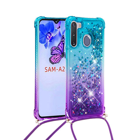 Coque Silicone Housse Etui Gel Bling-Bling avec Laniere Strap S01 pour Samsung Galaxy A21 European Bleu Ciel