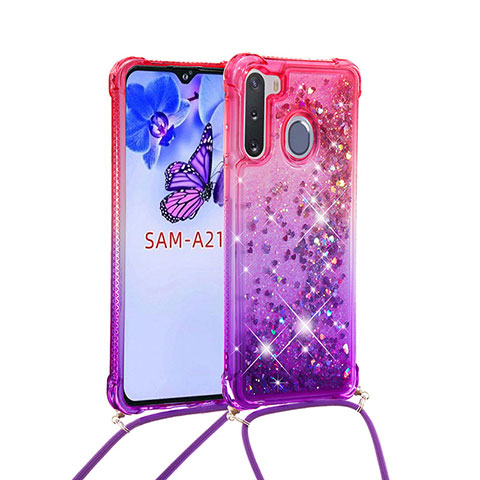 Coque Silicone Housse Etui Gel Bling-Bling avec Laniere Strap S01 pour Samsung Galaxy A21 European Rose Rouge