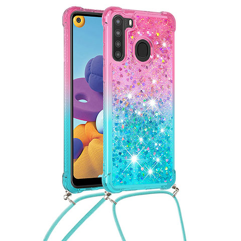 Coque Silicone Housse Etui Gel Bling-Bling avec Laniere Strap S01 pour Samsung Galaxy A21 Rose