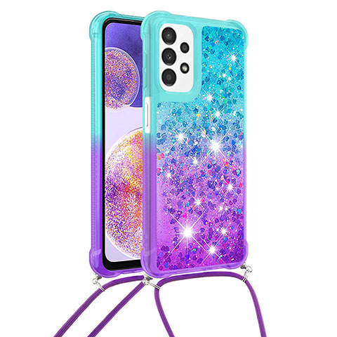 Coque Silicone Housse Etui Gel Bling-Bling avec Laniere Strap S01 pour Samsung Galaxy A23 4G Bleu Ciel