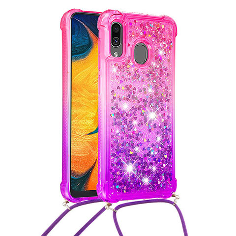 Coque Silicone Housse Etui Gel Bling-Bling avec Laniere Strap S01 pour Samsung Galaxy A30 Rose Rouge