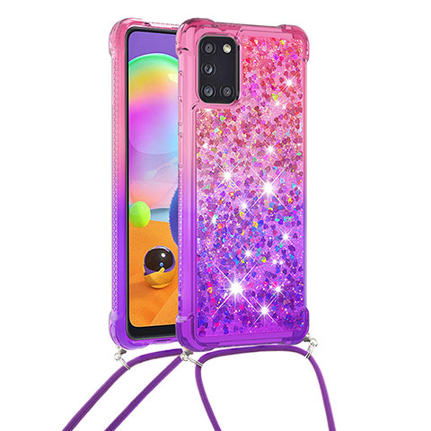 Coque Silicone Housse Etui Gel Bling-Bling avec Laniere Strap S01 pour Samsung Galaxy A31 Rose Rouge