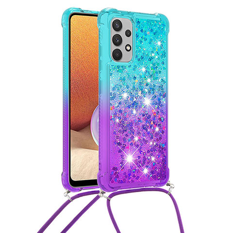 Coque Silicone Housse Etui Gel Bling-Bling avec Laniere Strap S01 pour Samsung Galaxy A32 4G Bleu Ciel