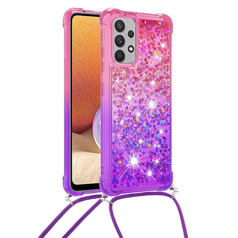 Coque Silicone Housse Etui Gel Bling-Bling avec Laniere Strap S01 pour Samsung Galaxy A32 4G Rose Rouge