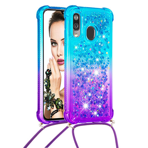 Coque Silicone Housse Etui Gel Bling-Bling avec Laniere Strap S01 pour Samsung Galaxy A40 Bleu Ciel