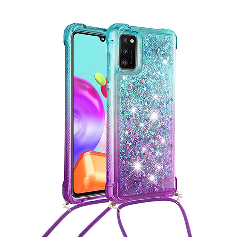 Coque Silicone Housse Etui Gel Bling-Bling avec Laniere Strap S01 pour Samsung Galaxy A41 Bleu Ciel