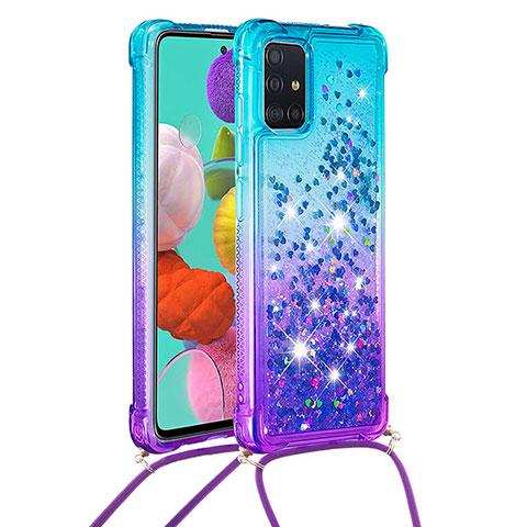 Coque Silicone Housse Etui Gel Bling-Bling avec Laniere Strap S01 pour Samsung Galaxy A51 5G Bleu Ciel