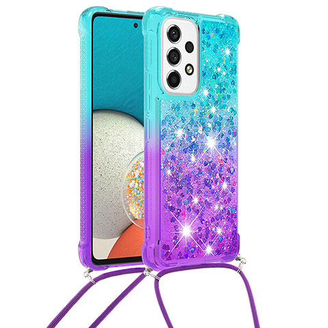 Coque Silicone Housse Etui Gel Bling-Bling avec Laniere Strap S01 pour Samsung Galaxy A53 5G Bleu Ciel