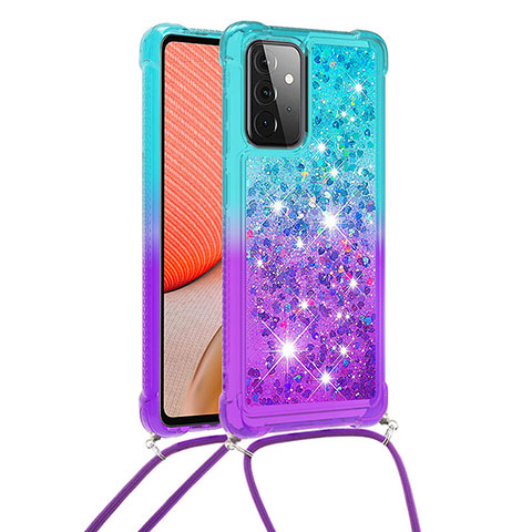 Coque Silicone Housse Etui Gel Bling-Bling avec Laniere Strap S01 pour Samsung Galaxy A72 5G Bleu Ciel