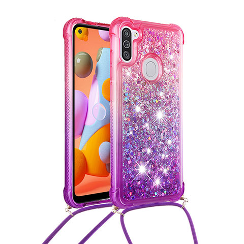 Coque Silicone Housse Etui Gel Bling-Bling avec Laniere Strap S01 pour Samsung Galaxy M11 Rose Rouge