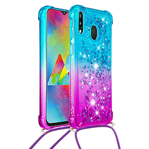 Coque Silicone Housse Etui Gel Bling-Bling avec Laniere Strap S01 pour Samsung Galaxy M20 Bleu Ciel