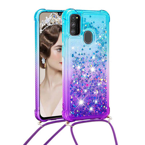 Coque Silicone Housse Etui Gel Bling-Bling avec Laniere Strap S01 pour Samsung Galaxy M30s Bleu Ciel