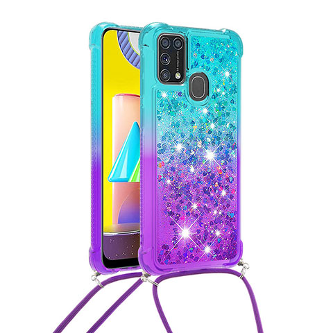 Coque Silicone Housse Etui Gel Bling-Bling avec Laniere Strap S01 pour Samsung Galaxy M31 Prime Edition Bleu Ciel