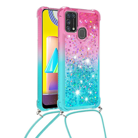 Coque Silicone Housse Etui Gel Bling-Bling avec Laniere Strap S01 pour Samsung Galaxy M31 Prime Edition Rose