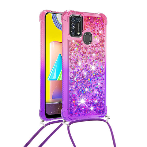 Coque Silicone Housse Etui Gel Bling-Bling avec Laniere Strap S01 pour Samsung Galaxy M31 Prime Edition Rose Rouge