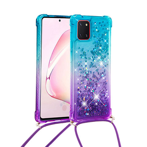 Coque Silicone Housse Etui Gel Bling-Bling avec Laniere Strap S01 pour Samsung Galaxy Note 10 Lite Bleu Ciel