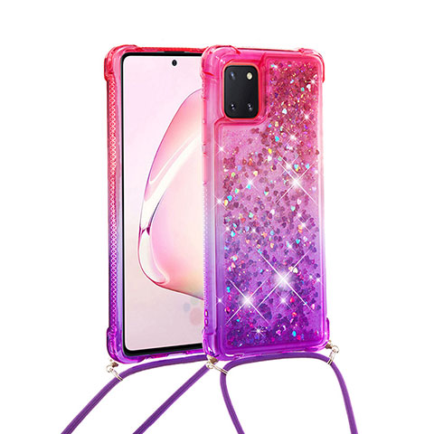 Coque Silicone Housse Etui Gel Bling-Bling avec Laniere Strap S01 pour Samsung Galaxy Note 10 Lite Rose Rouge