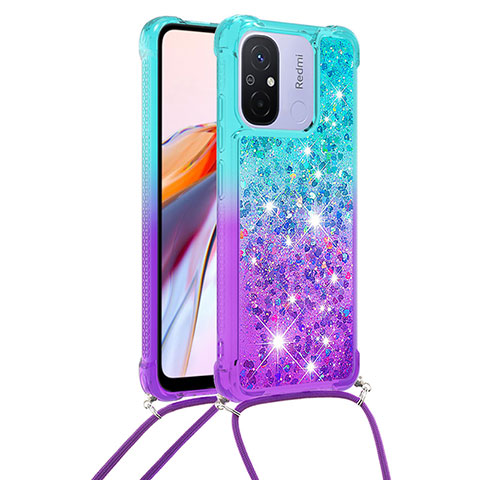 Coque Silicone Housse Etui Gel Bling-Bling avec Laniere Strap S01 pour Xiaomi Poco C55 Bleu Ciel