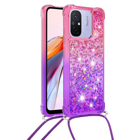 Coque Silicone Housse Etui Gel Bling-Bling avec Laniere Strap S01 pour Xiaomi Poco C55 Rose Rouge