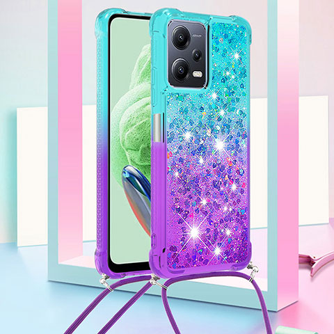 Coque Silicone Housse Etui Gel Bling-Bling avec Laniere Strap S01 pour Xiaomi Poco X5 5G Bleu Ciel