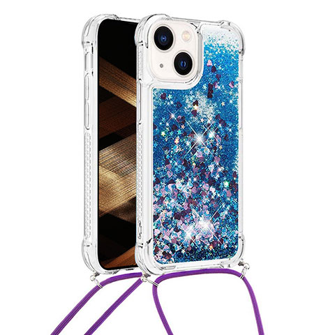 Coque Silicone Housse Etui Gel Bling-Bling avec Laniere Strap S02 pour Apple iPhone 13 Bleu