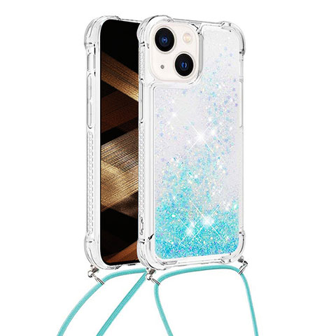 Coque Silicone Housse Etui Gel Bling-Bling avec Laniere Strap S02 pour Apple iPhone 13 Bleu Ciel