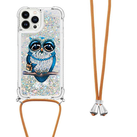 Coque Silicone Housse Etui Gel Bling-Bling avec Laniere Strap S02 pour Apple iPhone 13 Pro Argent