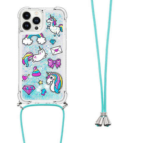 Coque Silicone Housse Etui Gel Bling-Bling avec Laniere Strap S02 pour Apple iPhone 13 Pro Max Bleu Ciel