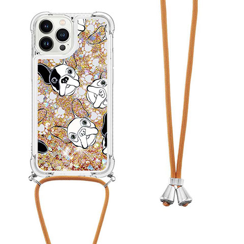 Coque Silicone Housse Etui Gel Bling-Bling avec Laniere Strap S02 pour Apple iPhone 13 Pro Or