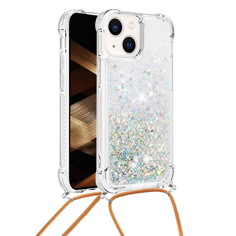 Coque Silicone Housse Etui Gel Bling-Bling avec Laniere Strap S02 pour Apple iPhone 14 Argent