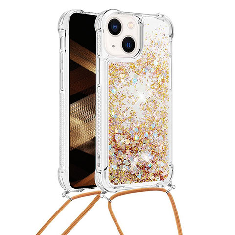 Coque Silicone Housse Etui Gel Bling-Bling avec Laniere Strap S02 pour Apple iPhone 14 Or