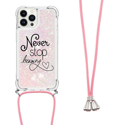 Coque Silicone Housse Etui Gel Bling-Bling avec Laniere Strap S02 pour Apple iPhone 15 Pro Or Rose