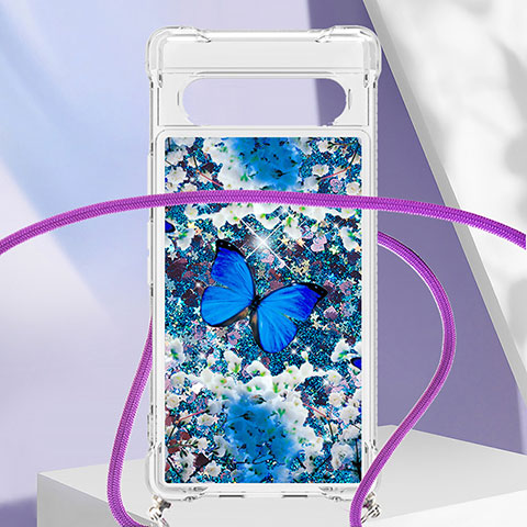 Coque Silicone Housse Etui Gel Bling-Bling avec Laniere Strap S02 pour Google Pixel 7a 5G Bleu