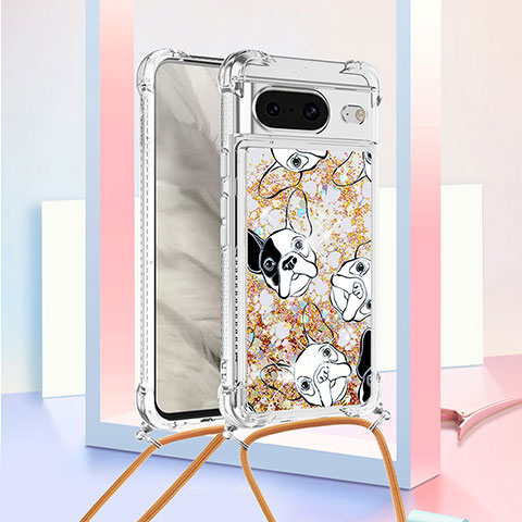 Coque Silicone Housse Etui Gel Bling-Bling avec Laniere Strap S02 pour Google Pixel 8 5G Or