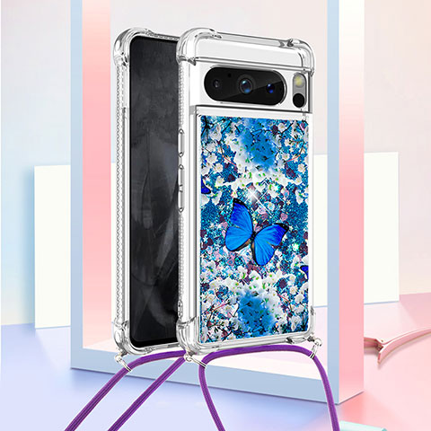 Coque Silicone Housse Etui Gel Bling-Bling avec Laniere Strap S02 pour Google Pixel 8 Pro 5G Bleu