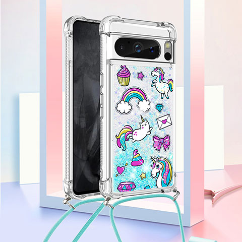 Coque Silicone Housse Etui Gel Bling-Bling avec Laniere Strap S02 pour Google Pixel 8 Pro 5G Bleu Ciel