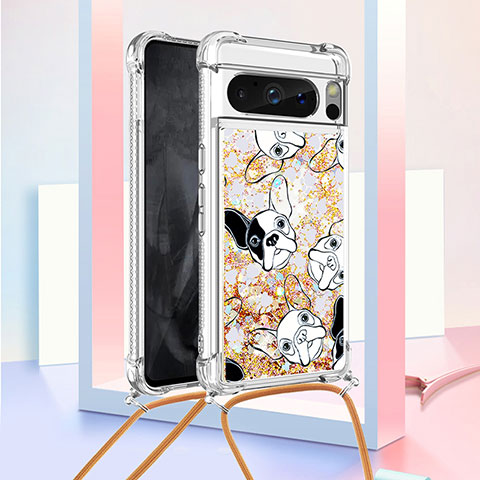 Coque Silicone Housse Etui Gel Bling-Bling avec Laniere Strap S02 pour Google Pixel 8 Pro 5G Or