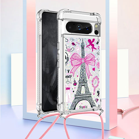 Coque Silicone Housse Etui Gel Bling-Bling avec Laniere Strap S02 pour Google Pixel 8 Pro 5G Rose