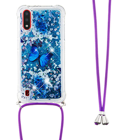 Coque Silicone Housse Etui Gel Bling-Bling avec Laniere Strap S02 pour Samsung Galaxy A01 SM-A015 Bleu