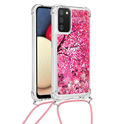 Coque Silicone Housse Etui Gel Bling-Bling avec Laniere Strap S02 pour Samsung Galaxy A02s Rose Rouge