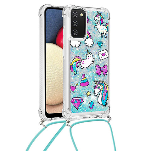 Coque Silicone Housse Etui Gel Bling-Bling avec Laniere Strap S02 pour Samsung Galaxy A03s Bleu Ciel