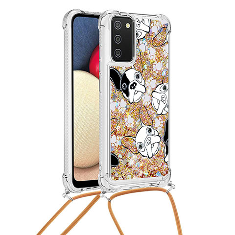 Coque Silicone Housse Etui Gel Bling-Bling avec Laniere Strap S02 pour Samsung Galaxy A03s Or