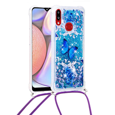 Coque Silicone Housse Etui Gel Bling-Bling avec Laniere Strap S02 pour Samsung Galaxy A10s Bleu