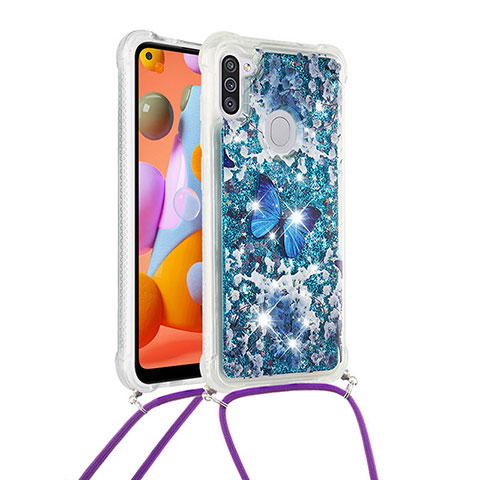 Coque Silicone Housse Etui Gel Bling-Bling avec Laniere Strap S02 pour Samsung Galaxy A11 Bleu